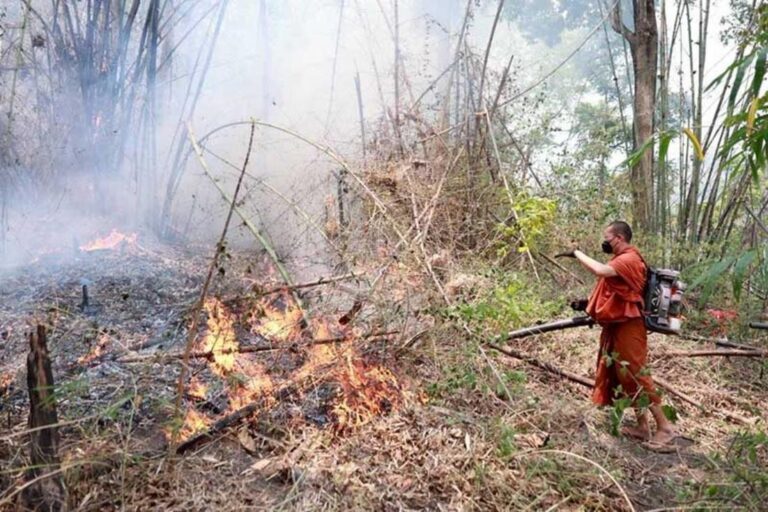 チェンマイ森林火災、僧侶とボランティアが消火活動