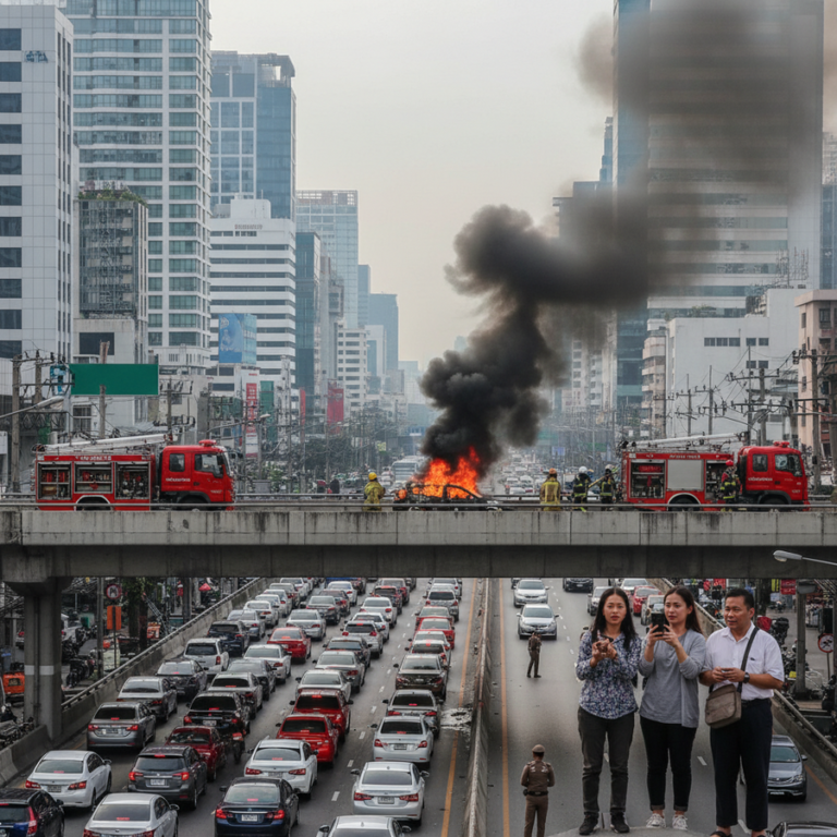 【バンコク・サイマイ】高速道路近くで乗用車が全焼、交通に影響