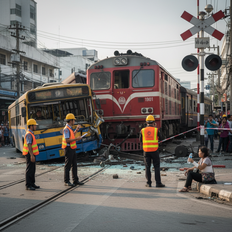 バンコクで列車と路線バス衝突、8名死亡の惨事