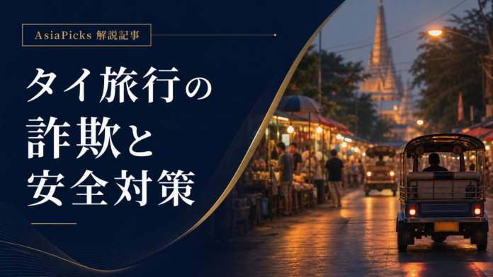 タイの街並みを背景に、左側にタイトル用の余白を大きくとったニュース解説風のアイキャッチ画像