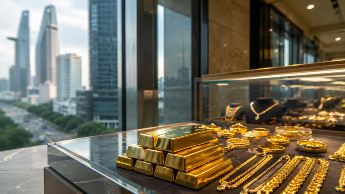 ホーチミン市の金市場と金価格下落を表す生成ニュース画像