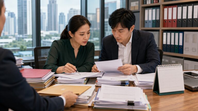 VAT、源泉税、法人税の申告書類と銀行明細を照合するタイ法人の経理担当者と管理責任者