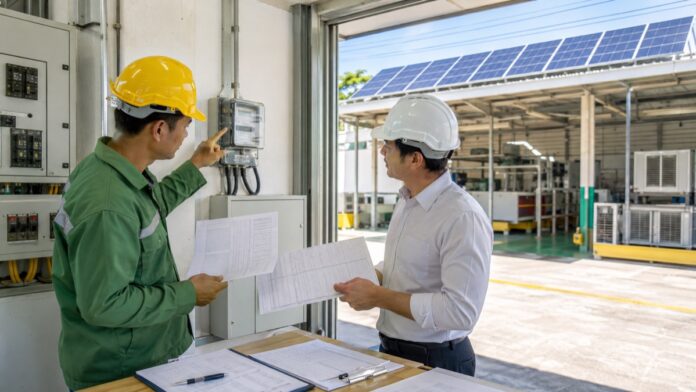 タイの工場で電力量計、配電盤、料金資料、太陽光設備を確認する設備担当者と経営担当者
