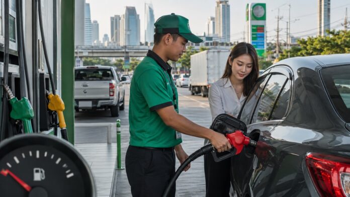 バンコクの給油所で乗用車へ給油するスタッフと運転者、都市道路を走る配送車