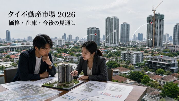 バンコクでコンドと低層住宅の模型、登記図面、賃料資料を確認する買主と不動産調査担当者