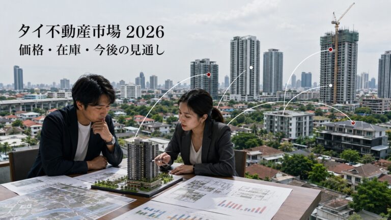 バンコクでコンドと低層住宅の模型、登記図面、賃料資料を確認する買主と不動産調査担当者