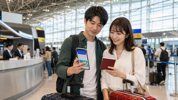 バンコクの空港でパスポートとスマートフォンを持ちTHIMアプリを確認する旅行者