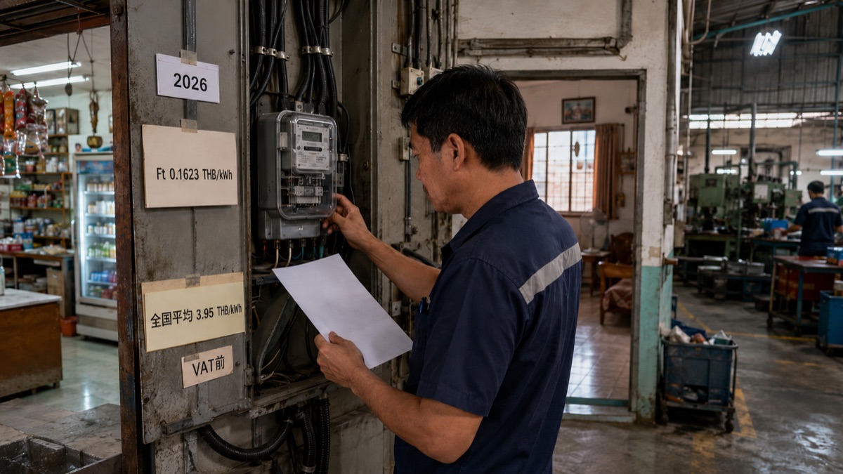 2026年のタイ電気料金を請求書と電力量計で確認する工場と店舗の実務場面