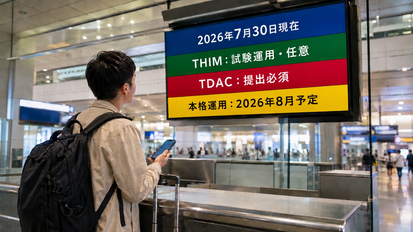 2026年7月30日時点でTHIMは試験運用かつ任意、TDACは提出必須、本格運用は2026年8月予定であることを示す空港案内