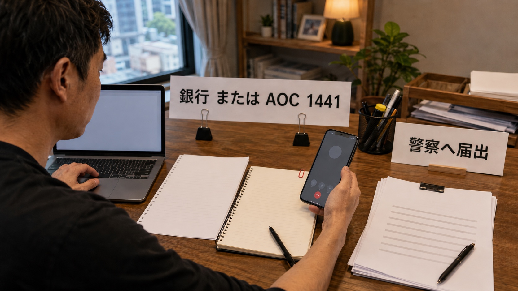 タイの銀行への緊急連絡、AOC 1441、Thai Police Onlineと警察署への届出を順に進める流れ