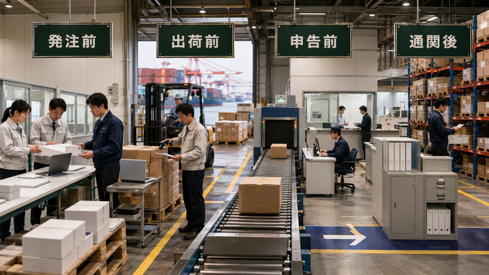 タイ向け貨物を発注前、出荷前、申告前、通関後の順に確認する物流工程