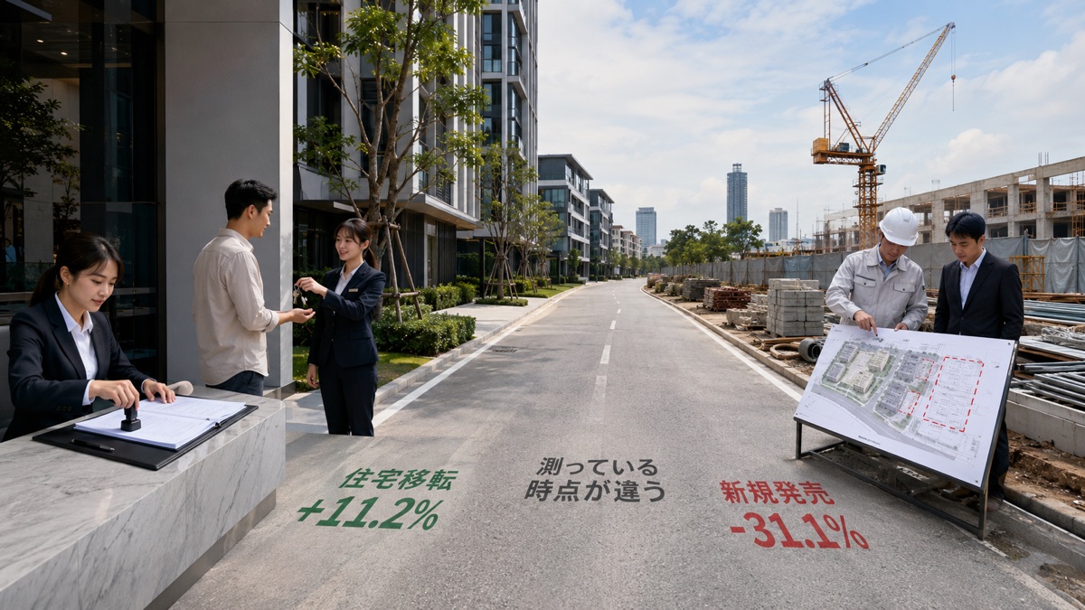 タイ住宅市場で移転件数の増加と新規供給の減少が同時に起きる仕組みを示す不動産取引現場