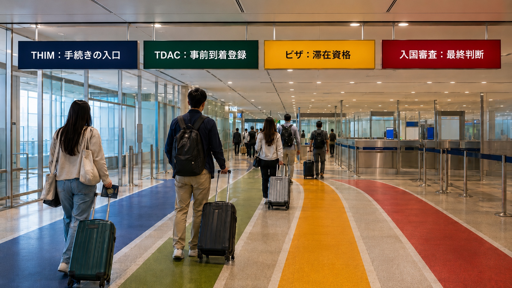 THIM、TDAC、ビザ、入国審査の4段階と役割の違いを示すタイの空港