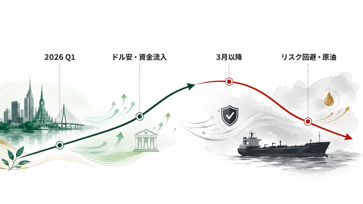 2026年第1四半期のバーツ高と3月以降の反転要因を示す時系列