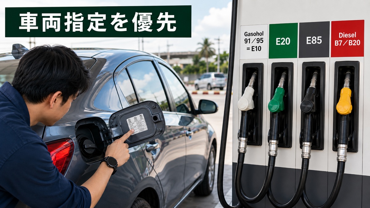 タイのGasohol 91と95、E20、E85、Diesel B7とB20の車両適合確認