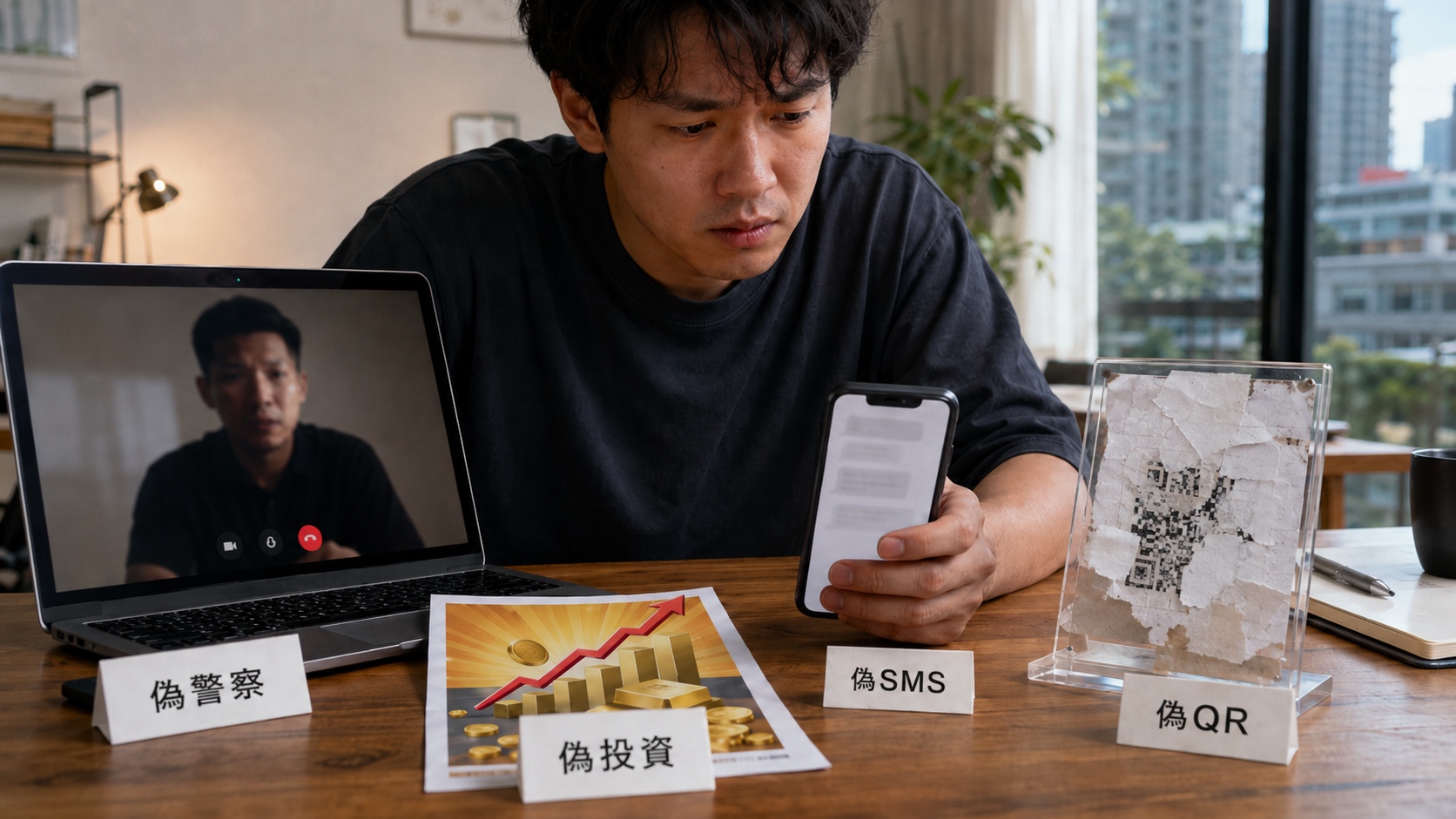偽警察の通話、SNS投資勧誘、配送SMS、恋愛や求人を装うオンライン詐欺の接触から送金要求までの違い
