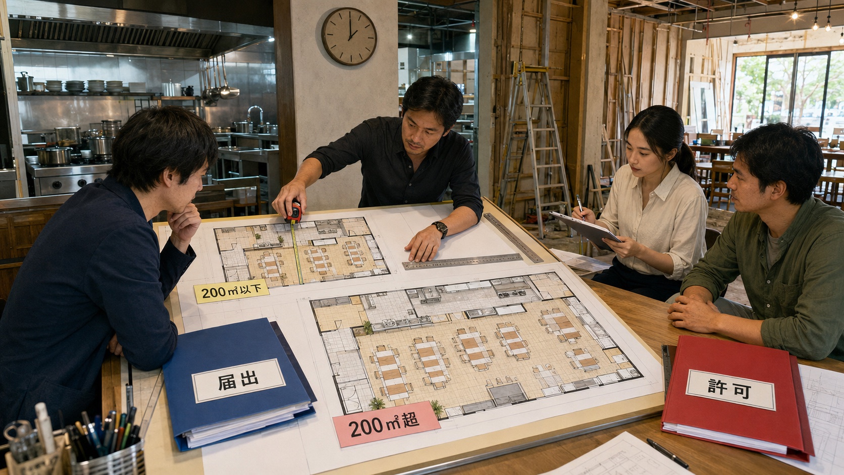 タイの飲食店で200平方メートル以下の届出と200平方メートル超の営業許可を同じ縮尺の店舗平面図で比較する