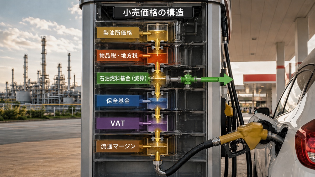 タイの燃料小売価格を構成する製油所価格、税、石油燃料基金、VAT、流通マージン