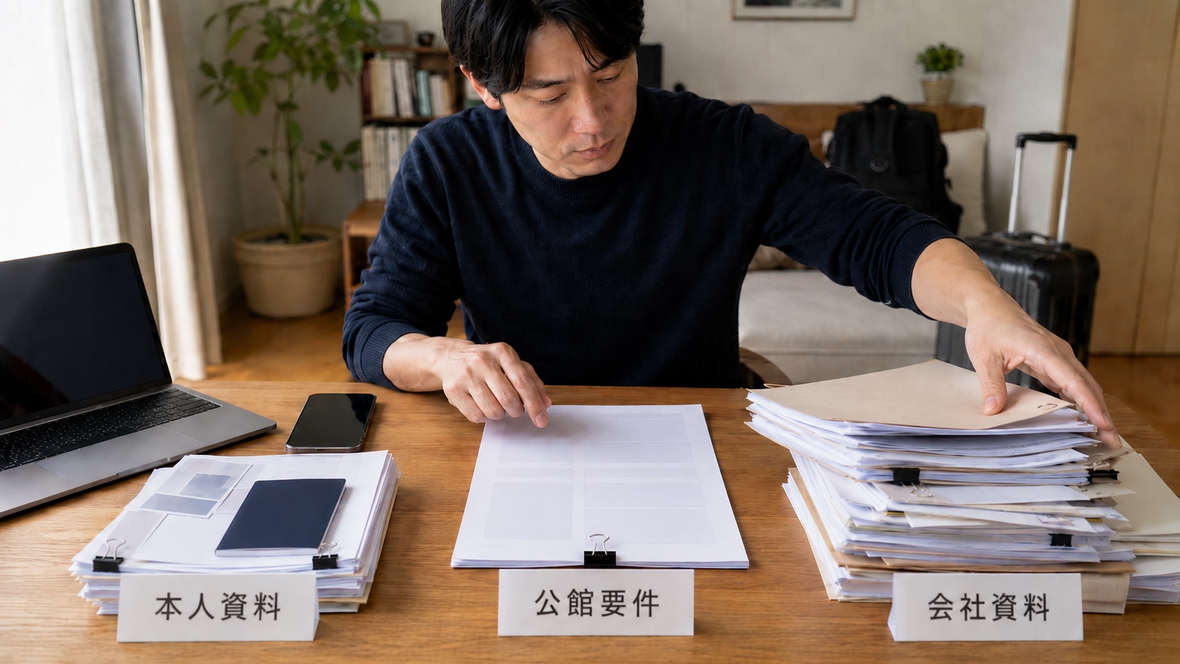 日本のe-Visa申請に向けて本人の旅券資料とタイ会社の招聘・登記資料を分けて準備する場面