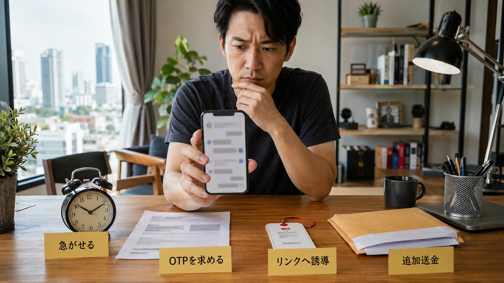 送金直前で手を止め、急がせる連絡、OTP要求、不審リンク、追加送金という共通の危険信号を確認する場面