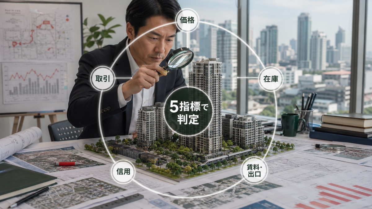 タイ不動産市場の価格・取引・在庫・信用・賃料と出口を五つの手掛かりで調べる場面