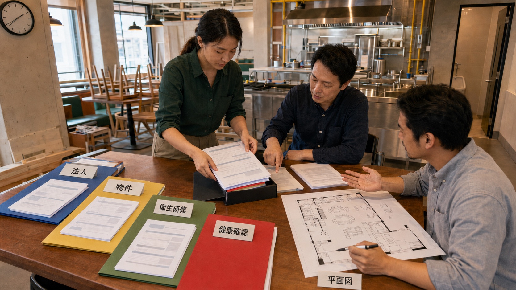 タイの飲食店営業許可に必要な法人証明、物件資料、平面図、衛生研修、診断書を申請ファイルへ整理する担当者
