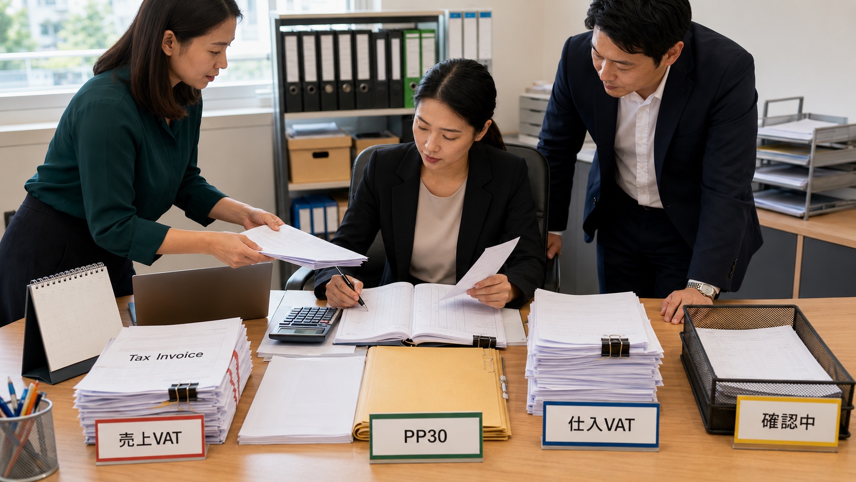 Tax Invoice、売上VAT、仕入VAT、台帳、PP30申告を順に照合するタイ法人の経理担当者