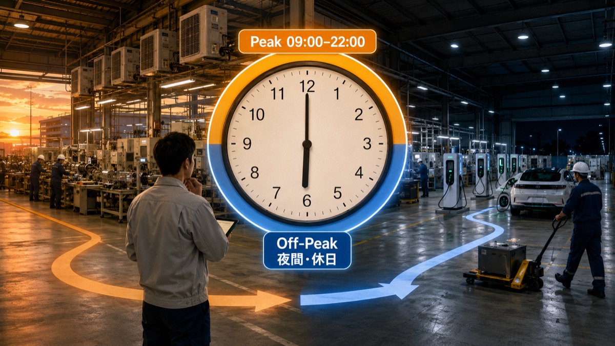 タイの工場と店舗の設備稼働を時計で示したPeakとOff-Peakの時間帯比較