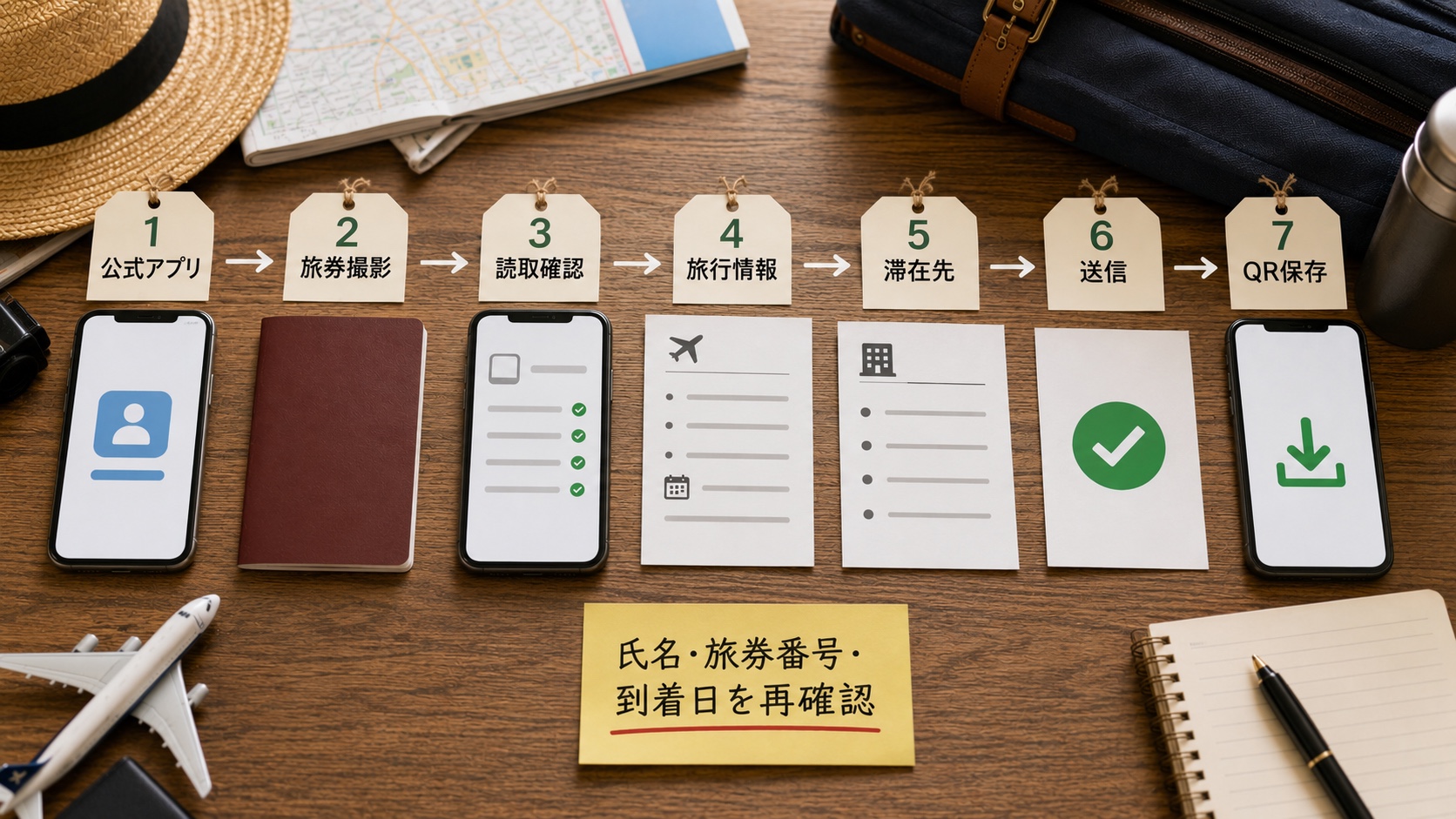 公式アプリ確認からパスポート撮影、旅行情報、送信、QR保存までのTHIM登録7手順
