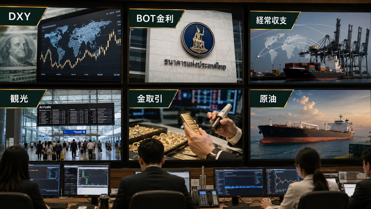 DXY、BOT金利、経常収支、観光、金取引、原油の6指標でバーツを確認する画面