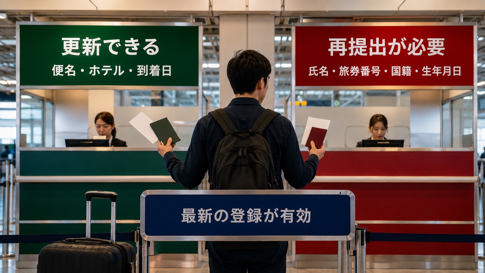TDACで更新できる便名やホテルと、再提出が必要な氏名や旅券番号を分けた案内