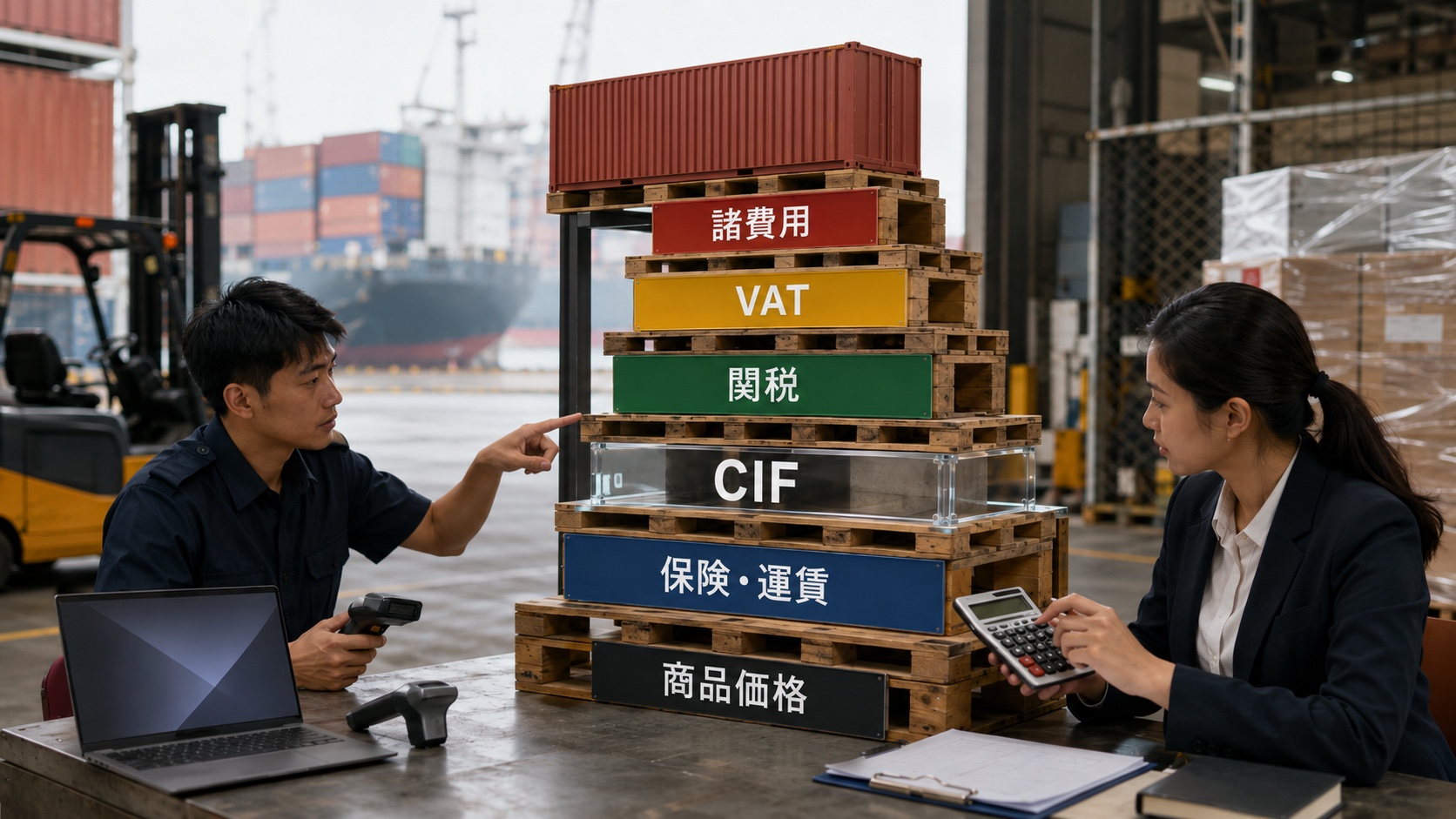 商品価格、保険、国際運賃からCIF、関税、VAT、通関諸費用を積み上げる輸入原価の構成