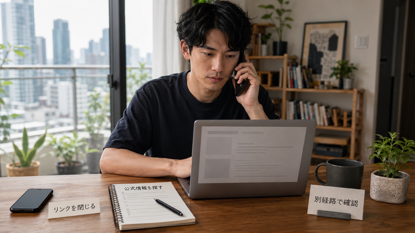 DM内リンクを閉じ、安全な別端末から公式サイト、代表番号、SECの登録情報を別経路で照合する場面