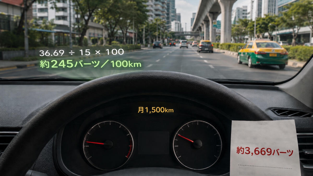 タイのGasohol 95を使った100km当たりと月1,500kmの燃料費計算