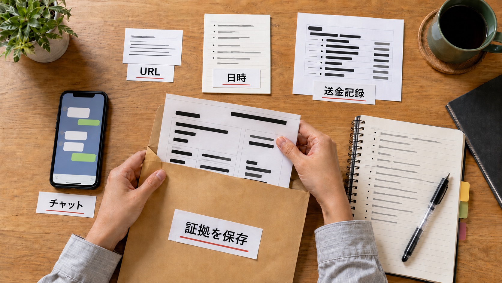 オンライン詐欺の通報に備え、スマホの会話、URL、取引明細、時刻、相手の連絡先を整理して保存する作業