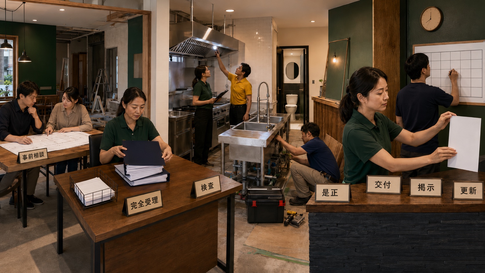 タイの飲食店で事前相談、完全書類受理、店舗検査、是正、許可交付、掲示、更新を進める開業準備の時系列
