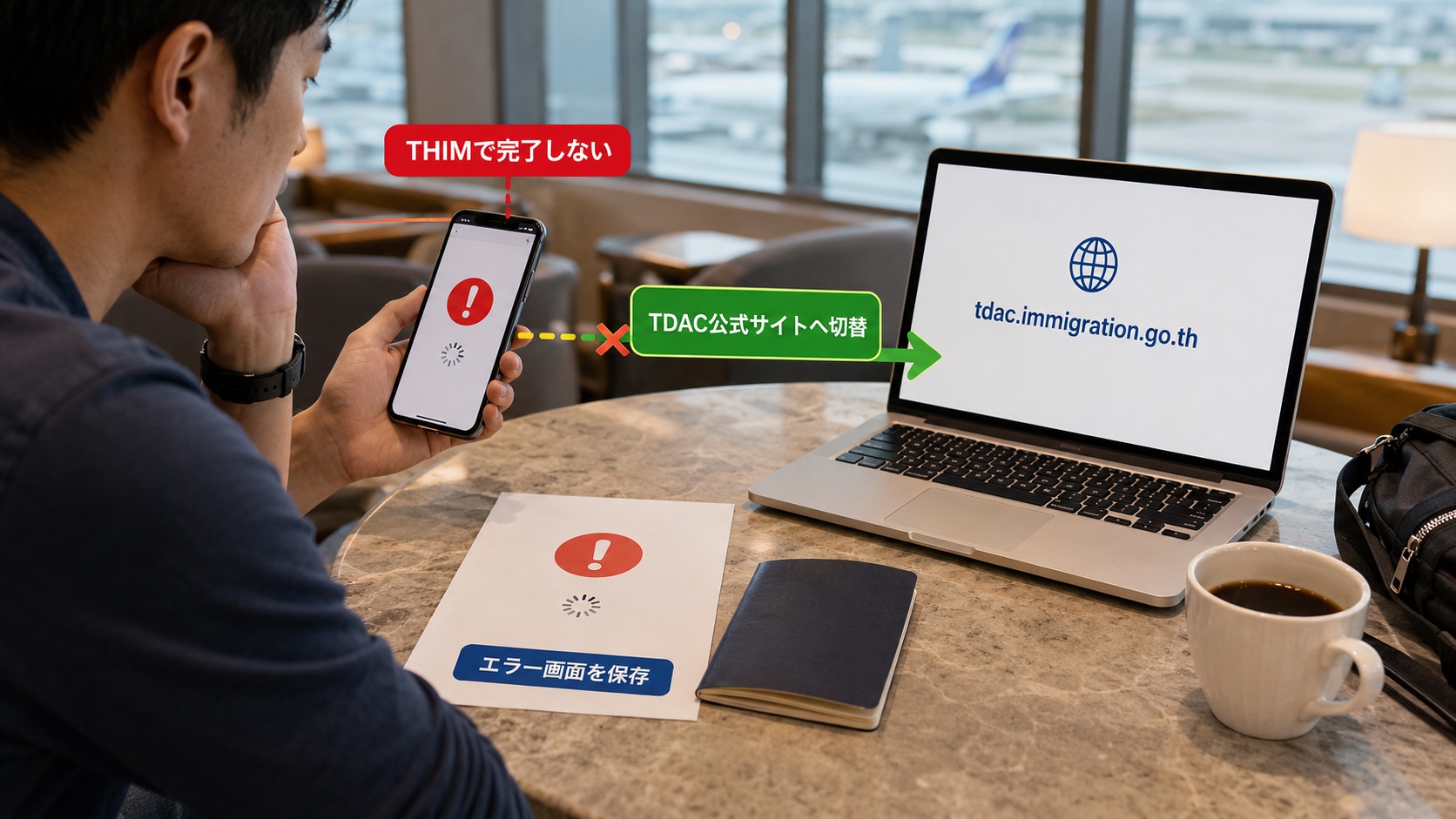 THIMで完了しない場合にTDAC公式サイトへ切り替え、エラー画面を保存する手順