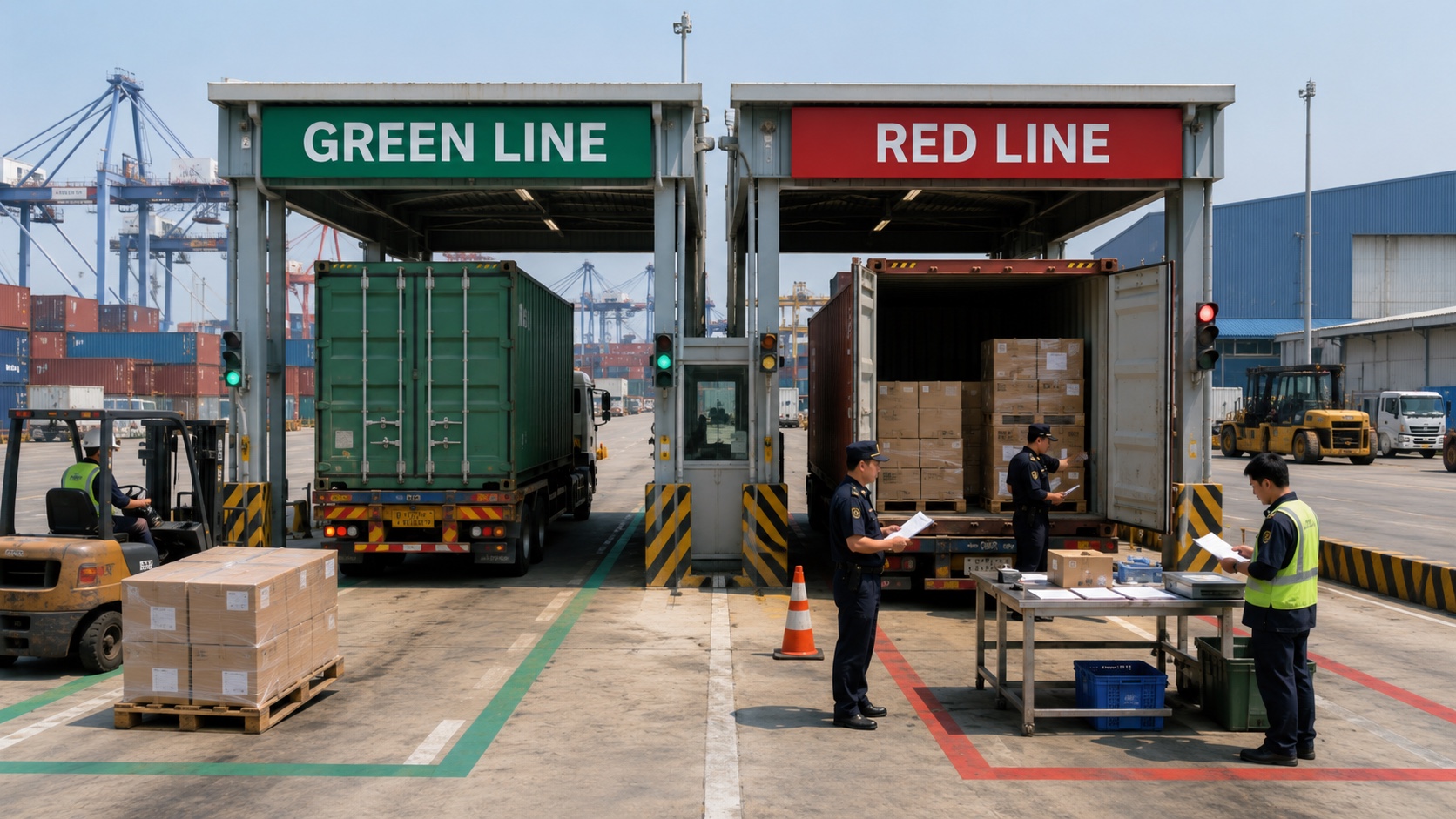 タイ港湾のGreen LineとRed Lineで通常引取りと書類・現物検査の違いを示す通関現場