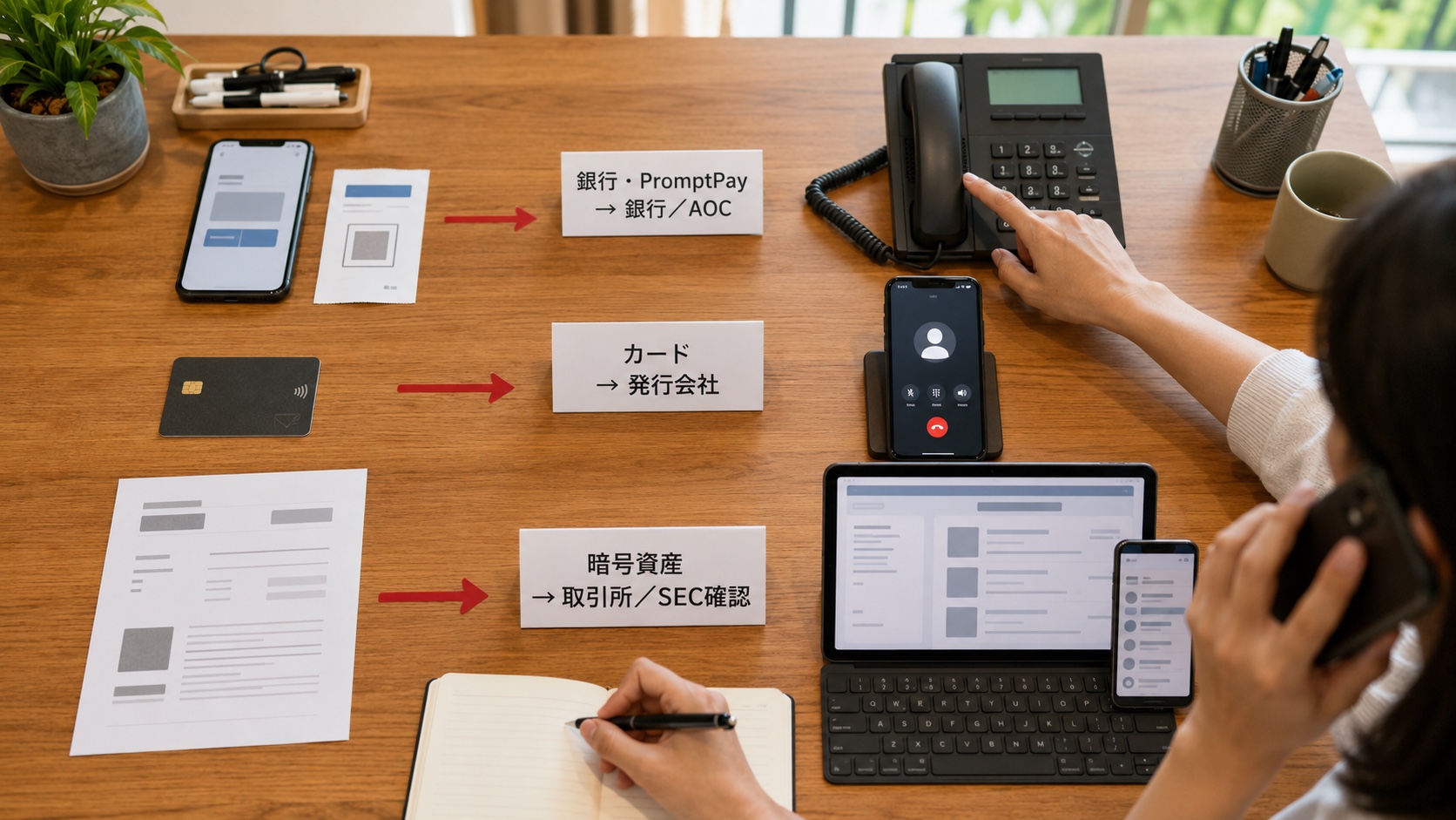 銀行振込とPromptPay、カード、暗号資産の被害について銀行、発行会社、取引所へそれぞれ連絡する分岐