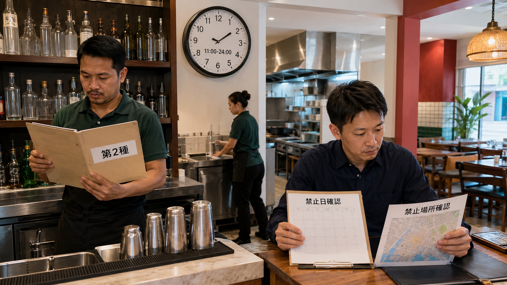 タイの飲食店で第2種酒類販売許可、11時から24時の販売時間、禁止日と禁止場所を確認する店舗責任者