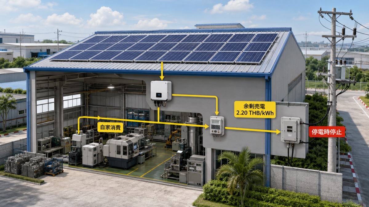 タイの工場屋根太陽光を系統、自家消費、余剰売電、蓄電池へ接続する設備構成