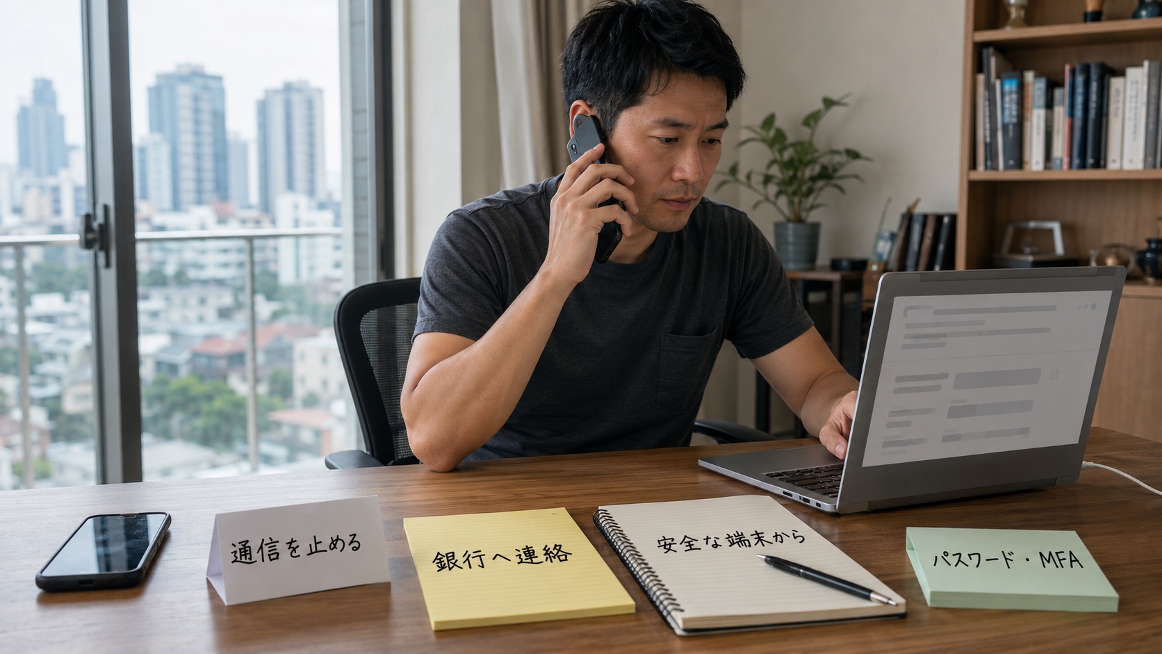 遠隔操作中の通信停止、銀行への連絡、安全な別端末でのアカウント保護、知人への注意喚起を順に行う場面