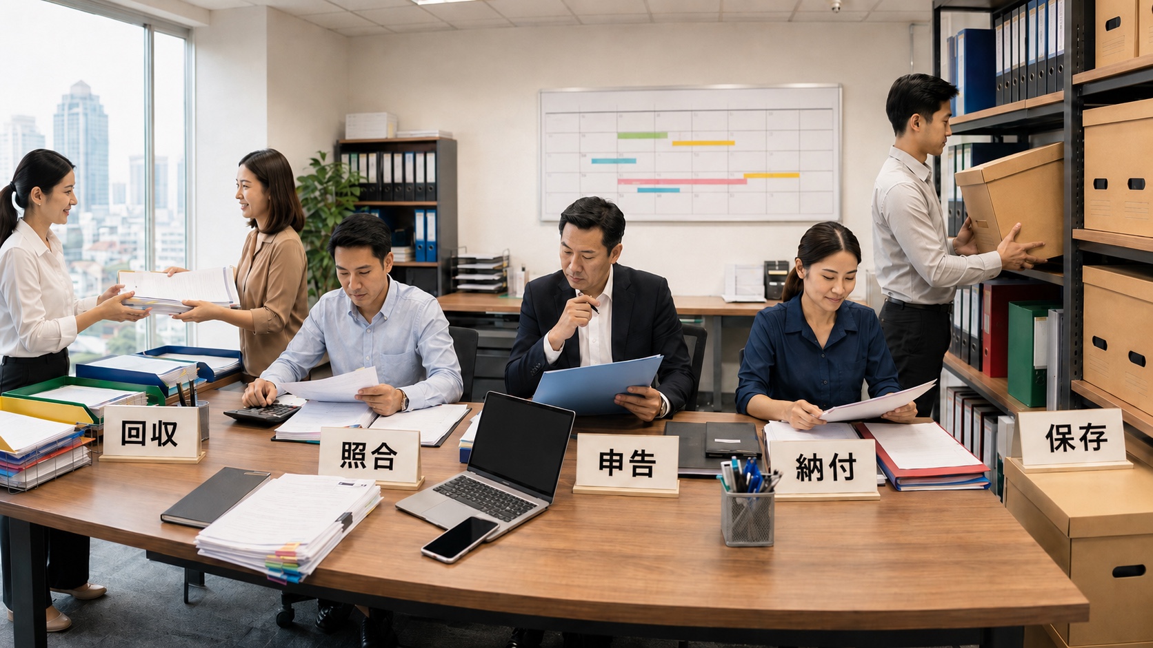 証憑回収、仕訳照合、申告、承認、納付、受付結果、保存を一つの月次税務締めとして進める経理チーム