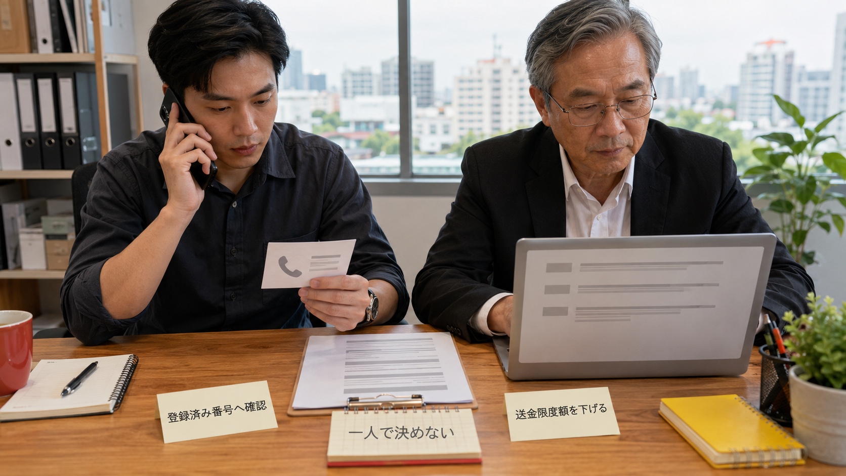 家族が別経路と合言葉で本人確認し、会社では送金先変更を二人で確認している予防運用
