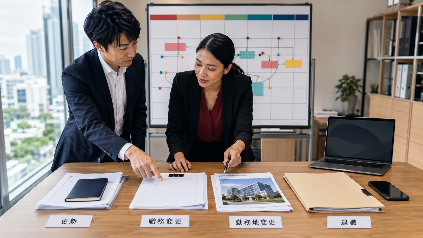 就労許可の更新、職務と勤務場所の変更、退職を期限別に処理する人事チーム