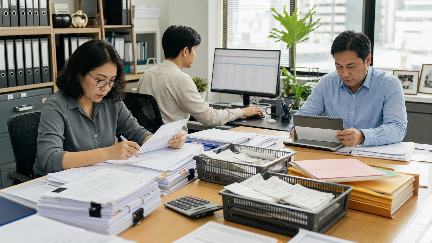 タイ法人の経理担当者が請求書、領収書、銀行取引、申告予定を月次で確認する会計業務