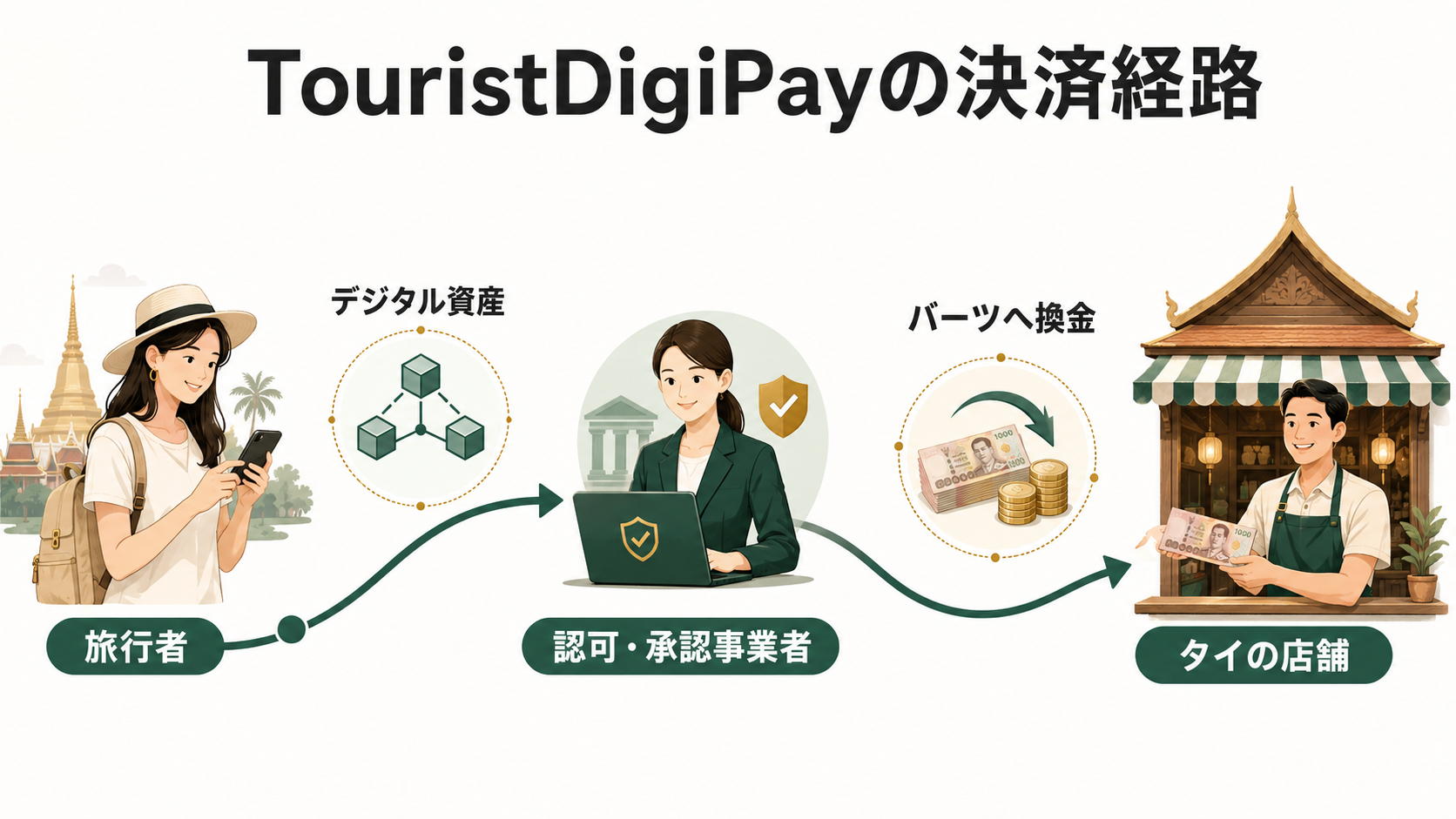 TouristDigiPayで外国人旅行者のデジタル資産が認可・承認事業者でバーツとe-moneyに換えられ、店舗がバーツを受け取る流れを示す図