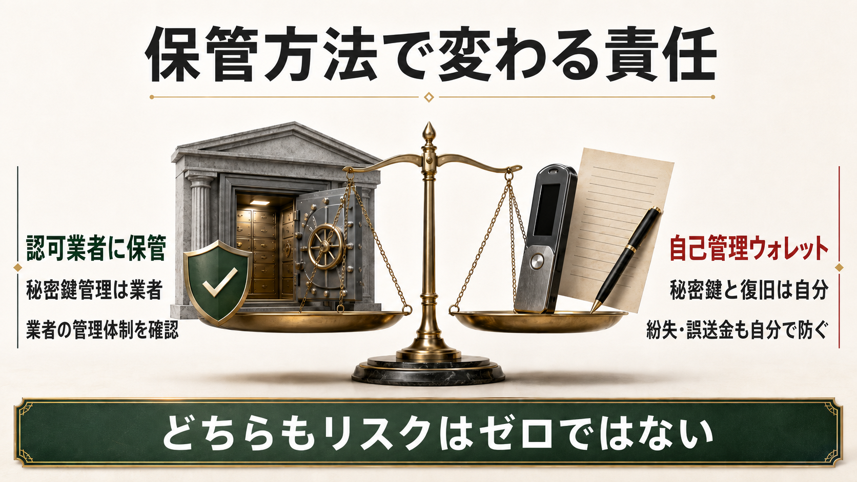 認可業者による保管と自己管理ウォレットで秘密鍵、復旧、確認事項、残るリスクがどう違うかを示す図