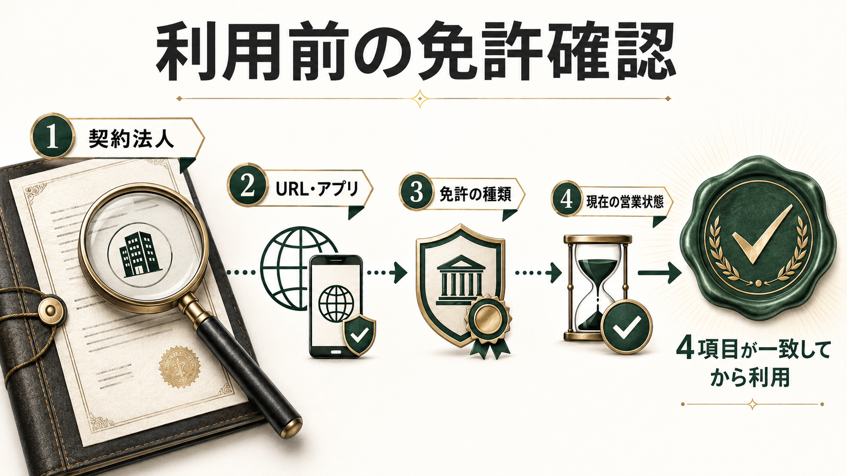 契約法人、URLとアプリ、免許種類、現在の営業状態を4段階で確認する方法を示す図