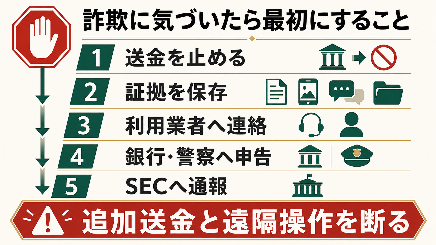暗号資産詐欺に気づいた後、送金停止、証拠保存、業者連絡、銀行と警察への申告、SEC通報を行う5段階を示す図